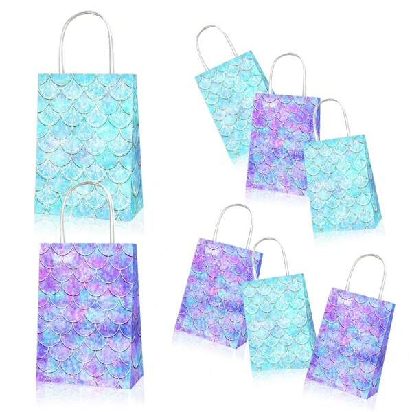 12pcs Mermaid Theme Kraft Paper Gift Bags With Handles, Suitable For Ocean-Themed Parties Like Birthdays, Weddings, And Other Celebrations, Great As Party Favors And DIY Crafts