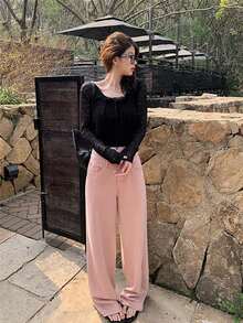 系带开衫透视镂空长袖针织毛衣，短款上衣，适合返校季 - 黑色 - 查看 6