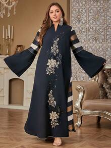 SISKAKIA Vestido elegante y con estilo para mujeres musulmanas de talla grande con mangas acampanadas, con aplicaciones de lentejuelas, cuello en V, rayas, de poliéster. Adecuado para playa, festival, boda, fiesta de cumpleaños, cita, evento formal, viaje.