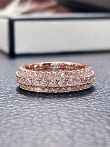 1pc Luxury Unisex Cubic Zirconia Ring, Copper Inlaid Zirconia Crystal Gold Plated, Personalized Fashion-Forward Accessory For Men Or Women