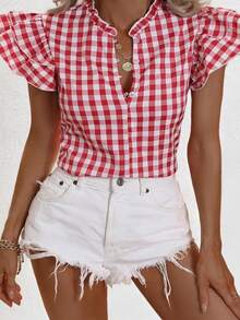Polyester Plaid Ruffle/Frill Button Leisure Picnic Style Casual Shirt Blouse, Suitable For Daily, Tea Party, Brunch In Summer - Red - View 7