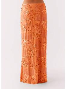 Women Y2K Sequin Long Skirt Sparkle Rhinestone Floral Maxi Skirt High Waist Glitter Midi Skirt Going Out - 橘色 - 查看 3