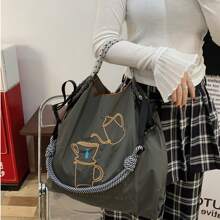 Women's Shoulder Bag, Stylish And Elegant, Nylon Bag, Embroidered Coffee Pot Pattern, Cloth Bag, Large Capacity, Lightweight, Foldable Storage, Crossbody Bag, Handbag, Commute, Travel, School, Leisure, Fashion Street Photo, Holiday Gift Large Capacity Tote