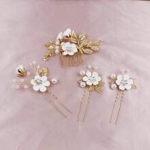 4pcs Gold Leaf Hair Combs, Handmade Bridal Flower Hair Accessories, Wedding Pearl Hair Ornaments, Hairpin & Hairclip Set
