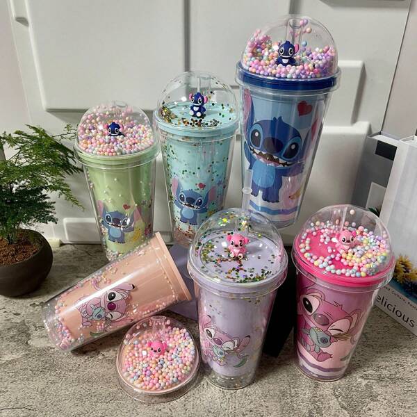 1pc/ Lilo & Stitch 13oz Water Bottle With Straw - Cute Cartoon Design, Portable For Sports & Outdoor Activities