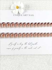 30pcs/Set Short Coffin Shaped Matte Brown Geometric French Manicure Artificial Nail Tips, Fits For Women & Girls