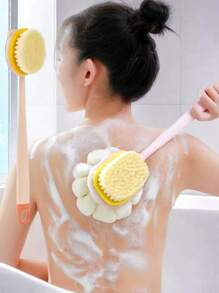 1PC Pink/Green Dual-Sided Long Handle Bath Brush & Exfoliating Sponge Scrubber - 2-In-1 Multi-Purpose Back Scrubber For Body Peeling, Shower Cleaning, Soft Bristles Bath Brush With Storage Bag, Organizer, Hair Clips, Non-Slip Grip (Bath & Shower Set)