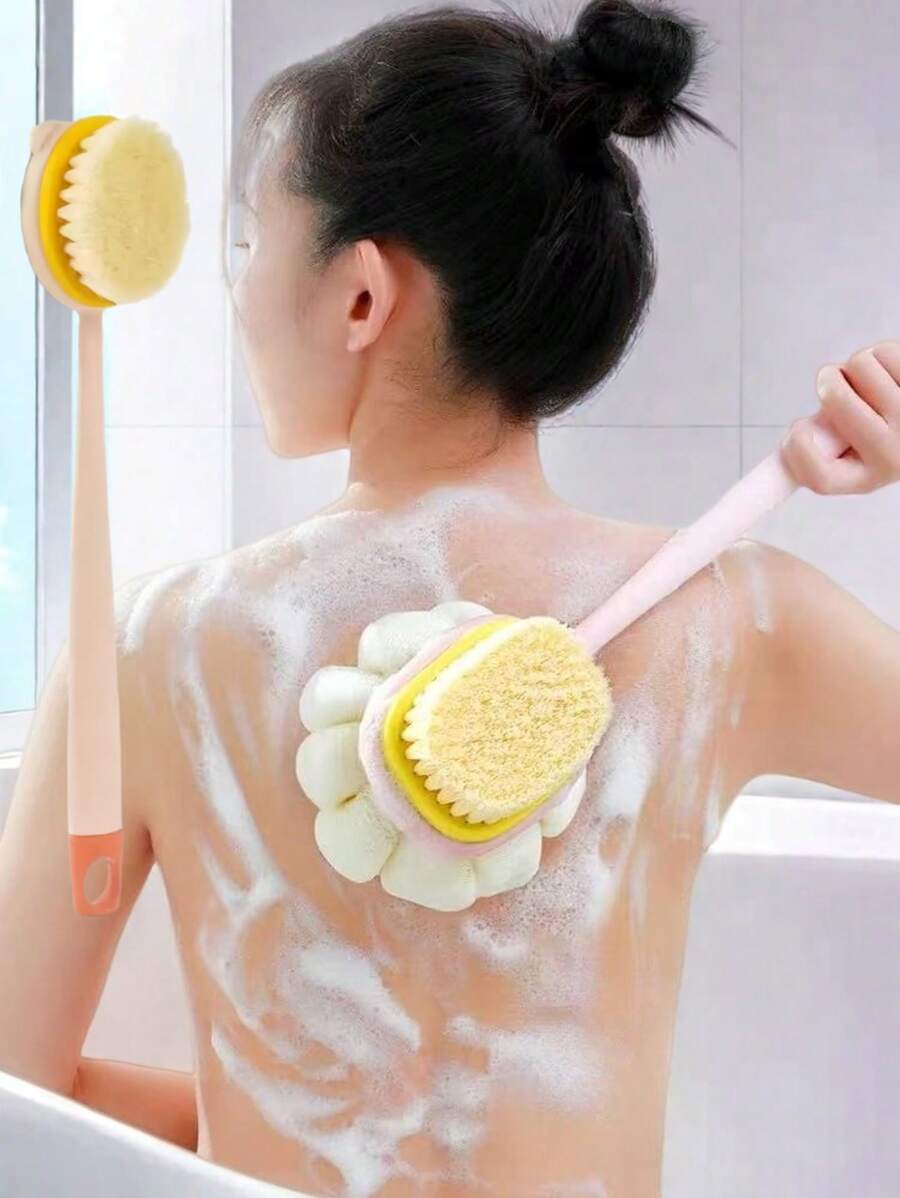 1PC Pink/Green Dual-Sided Long Handle Bath Brush & Exfoliating Sponge Scrubber - 2-In-1 Multi-Purpose Back Scrubber For Body Peeling, Shower Cleaning, Soft Bristles Bath Brush With Storage Bag, Organizer, Hair Clips, Non-Slip Grip (Bath & Shower Set)