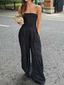 Women's Strapless Cinched Waist Pocket Wide Leg Jumpsuit, Solid Color Polyester, Summer - Black - View 5