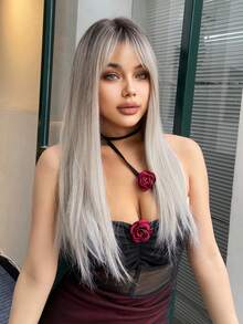 1-Piece Synthetic Heat-Resistant Long Straight Hair Multi Color With Bangs Wig 28 Inch Woven Daily Natural Realistic Wig(Excluding Accessories) - Multicolor - View 4