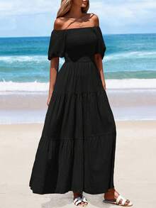 Women's Summer Puffed Sleeve Long Skirt Square Collar Pleats Layered Ruffles A-Shaped Long Casual Elegant Elegant Beach Dress - 黑色 - 查看 2