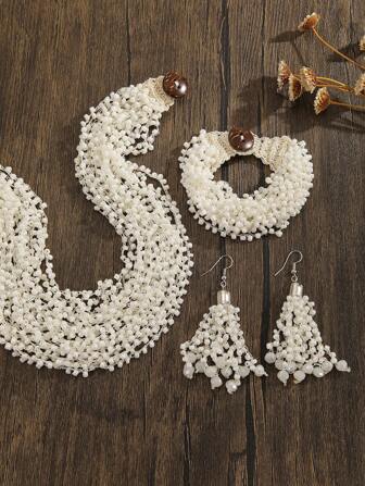 手工钩针串珠首饰套装，波西米亚风格串珠首饰套装，复古纯红白绿手链项链耳环 3 件套，春夏新款时尚女士配饰，日常/节日/礼物