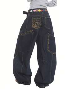 1 pieza Pantalón de mezclilla de carga tipo cargo holgado con parches para hombres, pantalones de cargo estilo calle americana, pierna ancha, de moda y versátil