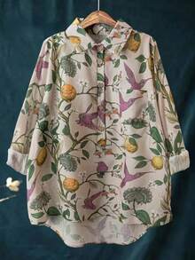 Camisa de manga larga con estampado de colibrí, cuello de camisa, parte delantera corta y parte trasera larga, diseño con botones, ideal para vacaciones de primavera en tallas grandes - Albaricoque - Ver 2