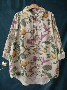 Camisa informal de verano de talla grande con estampado floral y bajo asimétrico similar al lino para viajes