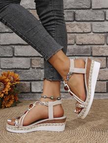 Sandali sportivi casual con zeppa fatti a mano, con perline, con suola intrecciata antiscivolo, tacco basso versatile, sandali con tacco medio per donna - Beige - Visualizzare 4