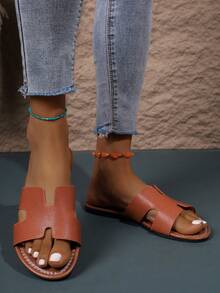 1 Pair Solid Color Crocodile Texture Boho Style Beach Casual Flat Slide Sandals - Brown - View 7
