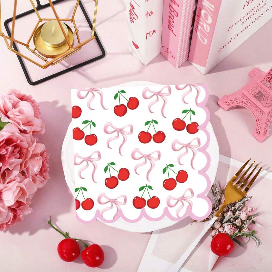 20 chiếc/40 chiếc/60 chiếc, Khăn giấy ăn hình nơ và quả anh đào Khăn giấy dùng một lần hình nơ quả anh đào Khăn giấy ăn trưa và tối hình viền sò dễ thương quyến rũ Thích hợp cho các lễ kỷ niệm ngày lễ, tiệc tùng, ngày lễ tình nhân, đám cưới, kỷ niệm, trang trí bàn, đồ dùng tiệc đa năng - Nhiều màu - Xem 1