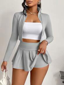 Bộ đồ nữ gợi cảm 2 món, áo ôm sát phối cùng quần short/chân váy dễ thương, thích hợp cho thể thao, mặc thường ngày, thiết kế xếp ly có khóa kéo thanh lịch, phù hợp cho mùa thu/đông. - Xám - Xem 2