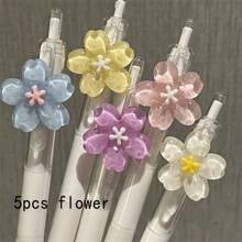 5pcs/Set Floral Decor Quick Drying Gel Retractable Ball Point Pens, 0.5mm Medium Tip, Plastic, Suitable For Students, Office, School & Home Use