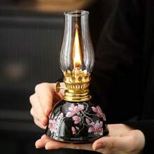 1pc Ceramic Enamel Floral Household Oil Lamp, Includes Lampshade, Adjustable Wick, For Indoor Use - Fuel Not Included, Suitable For Christmas, Easter, Festival, Valentine's Day, Gifts