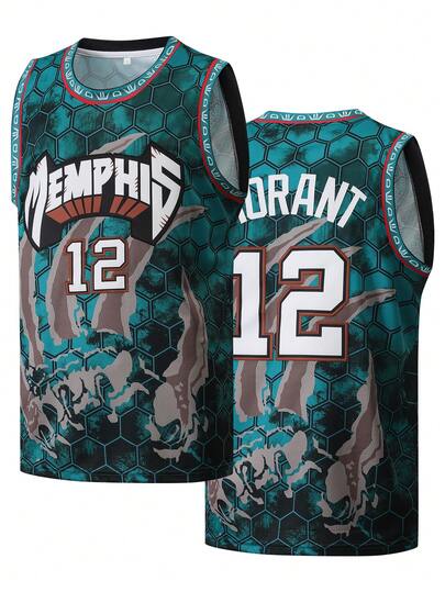 男子篮球球衣 #12 绿色刺绣运动背心