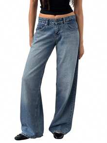 Women Wide Leg Jeans Low Rise Baggy Straight Leg Jeans Loose Boyfriend Jeans Casual Denim Pants Y2k Streetwear - 藍色 - 查看 2