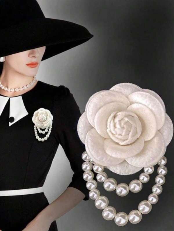 1pc Elegant Women Camellia Flower Faux Pearl Tassel Brooch Pin, Jewelry Accessory For Shirt Collar Dress Outfit, Party & Wedding Gift