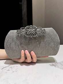 1pc Gray Glitter Crystal Decor Elegant Women's Evening Clutch Bag, Suitable For Banquet, Wedding, Party, Formal Occasions, Fashion Handheld & Shoulder Bag With Metal Chain