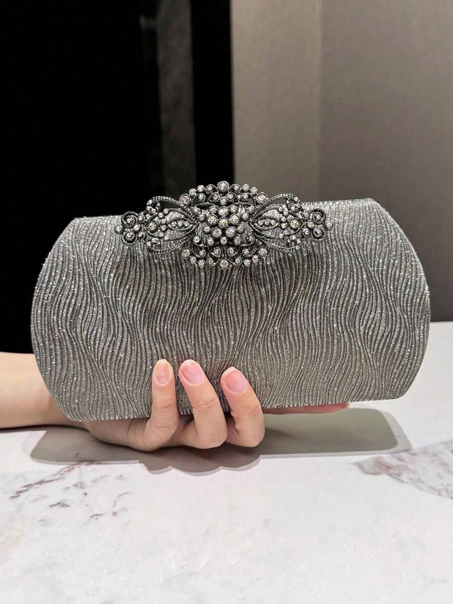 1pc Gray Glitter Crystal Decor Elegant Women's Evening Clutch Bag, Suitable For Banquet, Wedding, Party, Formal Occasions, Fashion Handheld & Shoulder Bag With Metal Chain