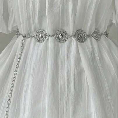 1 Stück Damen Hohlrunder Taillenkette, silberfarbener Metall Dekor Taillengürtel Sommer, Schule