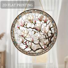 1pc, 2d Flat Lemon Tree - White Magnolia, Red Flowers, Purple Butterfly Sun Catcher, Translucent Circular Window Hanging Decoration, Furniture Natural Theme Decoration, Very Suitable For Walls, Gardens, Porch Furniture Natural Decoration, The Best Holiday Gift For Family And Friends