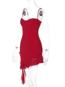 Women's Sexy Ruffle Trim Bodycon Camisole Dress, Romantic Sequin Embellished Short Dress, Suitable For Evening Party And Celebration, Valentine's Day, Carnival - Red - View 9