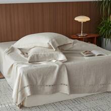 4 Pcs 100% Washed Linen Sheet Set-Natural French Flax Bed Sheet- Breathable,Ultra Soft,Farmhouse Bedding (1 Flat Sheet, 1 Fitted Sheet, 2 Pillowcases) With Lace Hemstitch