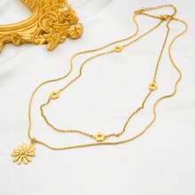 1pc Stainless Steel 18K Gold Plated Double Layer Daisy Flower Necklace, Chic Minimalist Style Necklace For Women, Everyday Wear - Gold - View 3