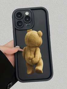 1pc Personalized Butt Grab Bear Pattern Black Matte Lens Protection TPU Anti-Fall Phone Case Compatible With Iphone & - Multicolor - View 4