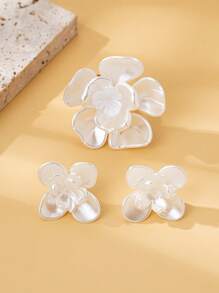 Set de regalo elegante y minimalista de 3 piezas - Anillo abierto con perla en forma de flor de rosa y aretes, accesorios de moda adecuados para mujeres, fiestas, regalos y uso diario