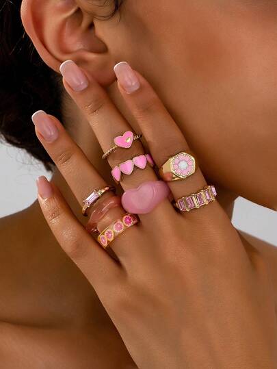 8 件套优雅西柚钻石心形装饰戒指，适合日常、派对、节日女装