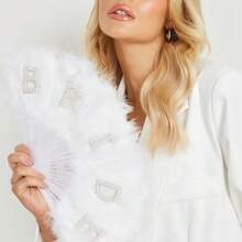1pc White Feather Folding Hand Fan, Bridal Fan, Faux Pearl & "Bride" Letter Decor Fan, Bachelorette Party Wedding Decoration Gift, Photo Prop