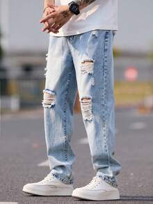 1 pieza de pantalones vaqueros desgastados y rotos para hombre, pantalones casual de pierna recta, lavado vintage con ajuste holgado para uso diario - Azul - Ver 6