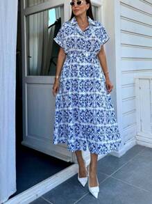Women Elegant Floral Print Shirt Collar Button Belt Dress