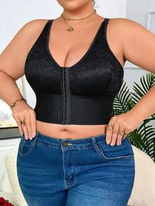 1 pieza Sujetador casual minimalista de talla grande para mujer con inserción de encaje y botón delantero, para todo el año - Negro - Ver 6