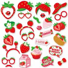 28 Pcs/Set Summer Fruit Birthday Party Decorations Photo Props, Hawaiian Party Strawberry Selfie DIY Decorations