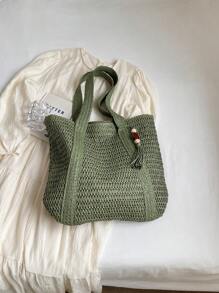 New Fashion Versatile Tote Bag, Beach Holiday Bag, Lightweight Elegant Design Straw Woven Boho Style Shoulder Bag, Large Capacity Commuting Daily Shopping Vacation Handbag For Women, College Students, Teens, With Tassel Pendant