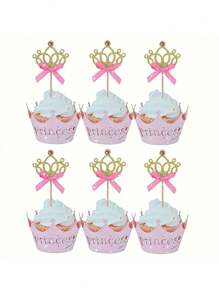 1set/5pcs,Golden Crown Ribbon Cupcake Skewers With Pink Bow Accents - Perfect For Decorating Birthday Parties, Weddings, Dessert Cupcakes, Cocktail Skewers, Suitable For Gatherings, Party Celebrations, And Corporate Events