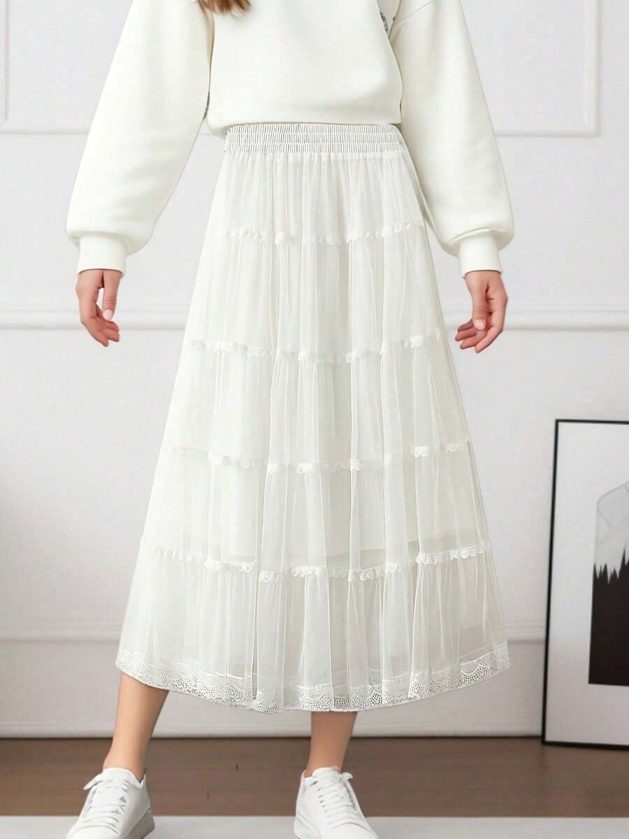 Women Mesh Skirt Elegant Long Skirt High Waist - Blanco - Ver 1