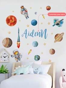 Custom Wall Stickers, Customizable Name, Planetary Astronauts Wall Decals - PVC Self-Adhesive Removable Wall Stickers For Nursery, Kids' Room, Playroom, Or Classroom – Cute & Creative Wall Decor For Any Space Back To School