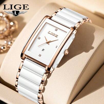  LIGE New Elegant Women's Watch Ceramic Strap Waterproof Square Quartz Watch Business Daily Casual Watch Gifts For Friends, Girlfriends And Mothers