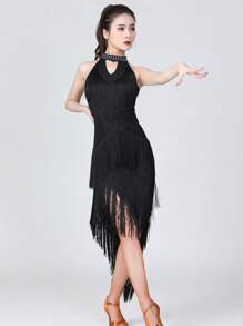 Vestido de baile latino para damas, vestido de competición con lentejuelas y flecos, vestido de baile latino asimétrico con flecos, vestido para actuación en el escenario