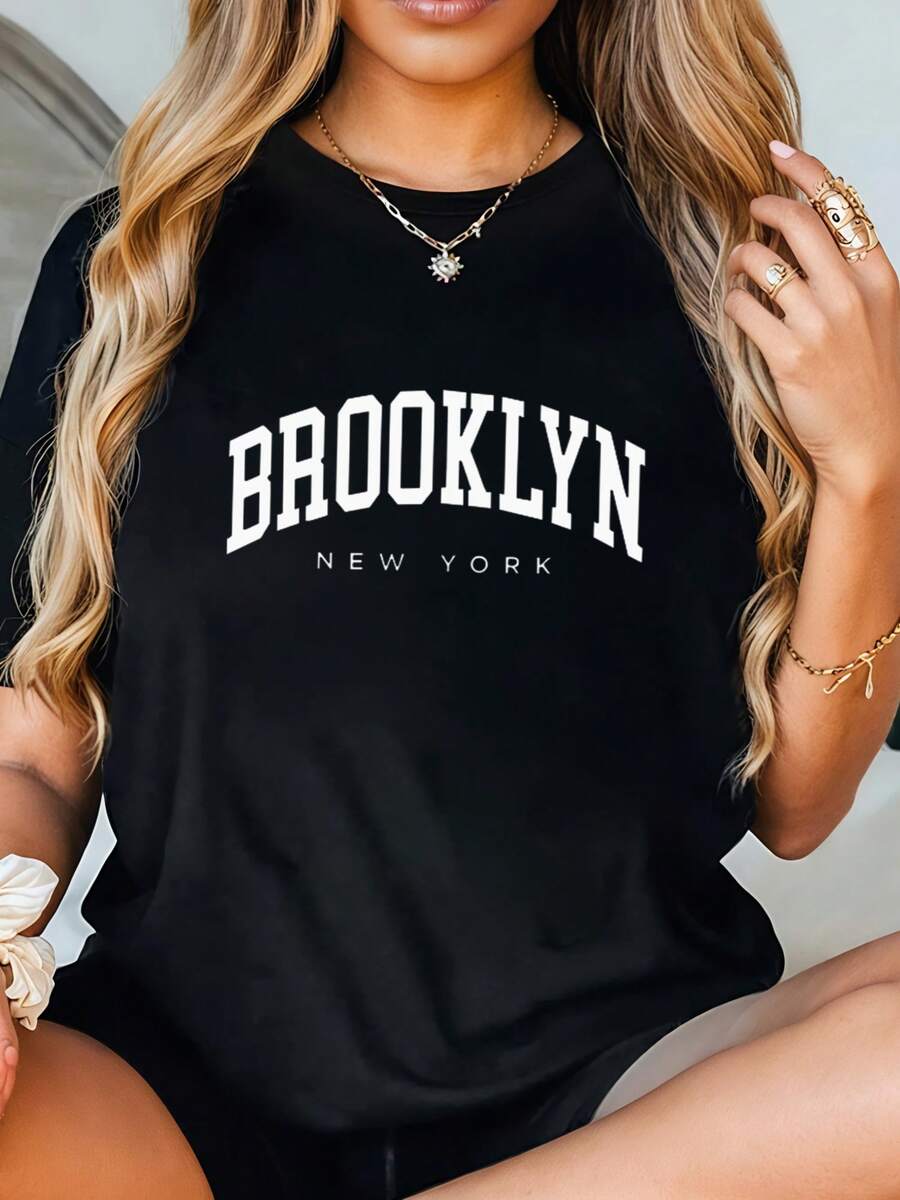 Women's Brooklyn New York Graphic T-Shirt - Casual Short Sleeve Tee For Summer And Spring - 黑色 - 查看 1